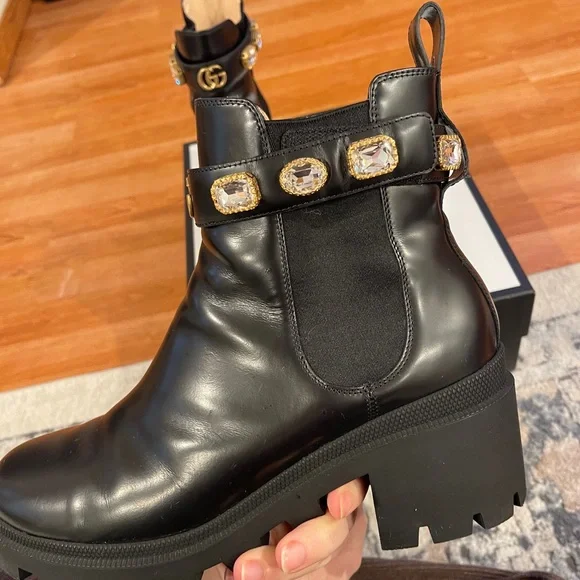 Gucci Women's Black Ankle Boots with Gold Accents - Picture 13 of 16
